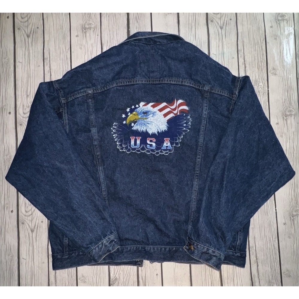 Denim Trucker Jacket Big Smith Eagle USA Flag On Back Blue Jean Size XL Vintage